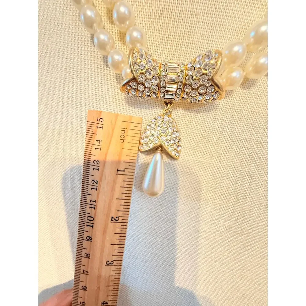 Vintage Faux Pearl Rhinestone Bow Drop Necklace 18”